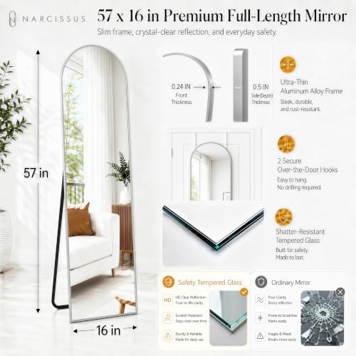 NARCISSUS Full Length Mirror 57x16 Inch, Over The Door Mirror with Stand, Wall Mounted or Freestanding/Door Hanging Full Body, Aluminum Alloy Frame, Silver