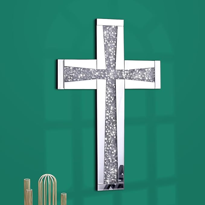 Aeveco Silver Cross Mirror for Wall Decoration 20×13 Inch, Crystal Crush Diamond Mirrored Cross for Living Room, Bedroom, Home Décor