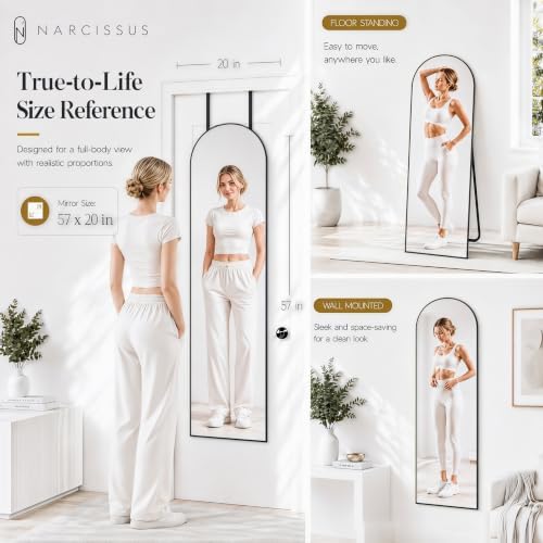 NARCISSUS Full Length Mirror 57x20 Inch, Over The Door Mirror with Stand, Wall Mounted or Freestanding/Door Hanging Full Body, Aluminum Alloy Frame, Black