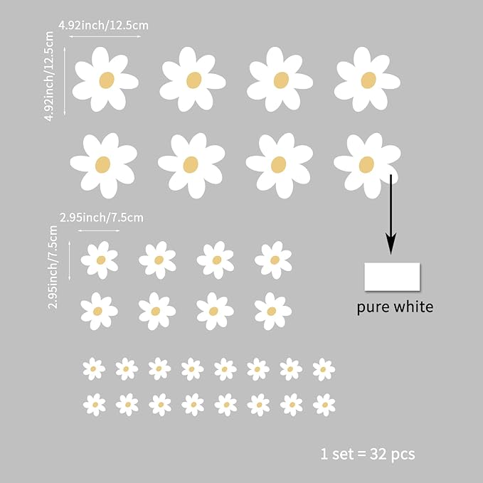 32 PCS Flower Wall Decals Peel and Stick, Daisy Wall Decor for Girls Bedroom, Pure White Daisy