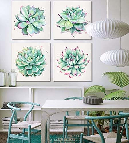 YOOOAHU Home Wall Art Decor Succulent Plants Simple Life Canvas Paintings Posters Prints 24" x 24" 4 Pieces Watercolor Hand-Drawn Green Leaf Framed Nature Pictures for Living Room Kitchen Decorations