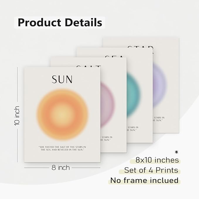 PLKMN Aura Angel Sun Salt Sea Wall Art Decor 8x10,Beach Aesthetic,Trendy Star Ocean Beach Prints,Colorful Aura Abstract Aesthetic Decor Bedroom Yoga Living Room Set of 4 (Unframed)