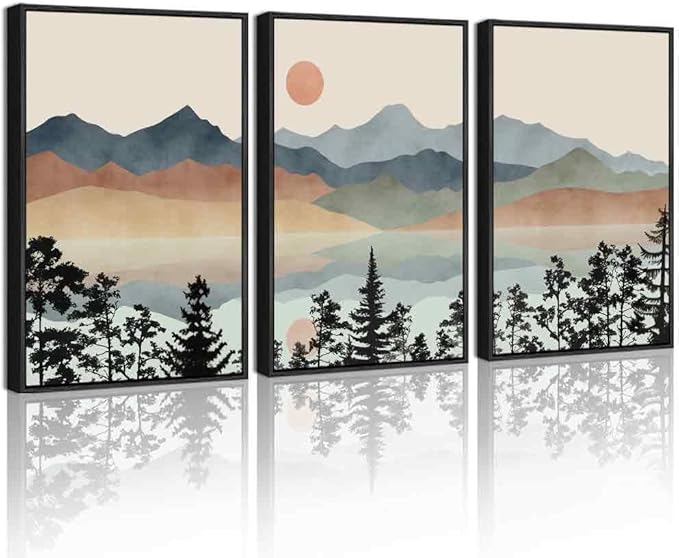 Drsoum Mountain Range Landscape Wall Art Framed Ink Wash Watercolor Nature Wall Decor Laker Sun Rises Prints Bedroom Living Room Ready to Hang 16x24in Black Framed