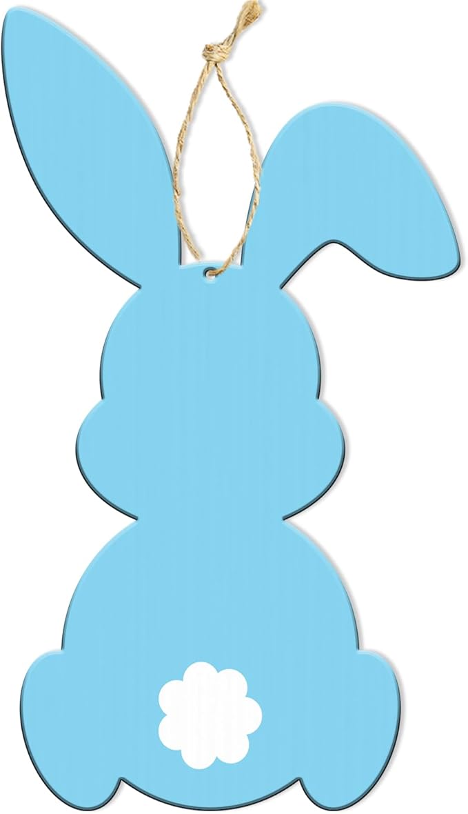 Juweked Easter Bunny Wooden Sign Easter Door Sign with String Easter Decorations Bunny Door Hanger Easter Wall Hanging Easter Bunny Banner Easter Rabbit Decor Easter Party Supplies (Blue)