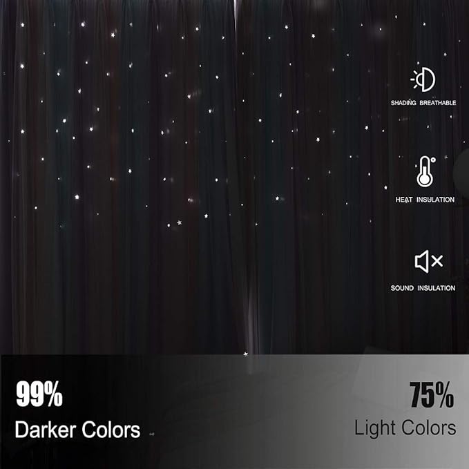 UNISTAR 2 Panels Blackout Stars Curtains for Girls Bedroom Kids Aesthetic Living Room Decor Colorful Double Layer Star Cut Out Stripe Window Wall Home Decoration Curtain,W52 x L63 Inches, Rainbow