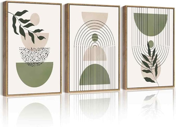 Drsoum Green Botanical Boho Wall Art Framed Modern Sage Bohemian Plant Wall Decor Abstract Geometry Lines Prints Ready to Hang 11x14in Natural Framed