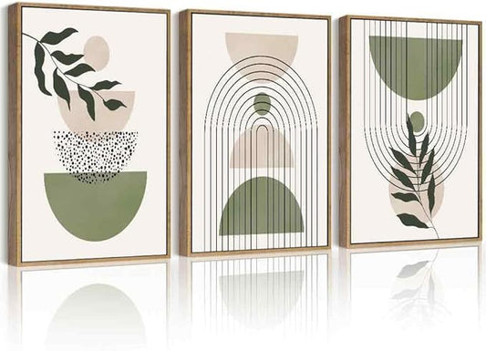Drsoum Green Botanical Boho Wall Art Framed Modern Sage Bohemian Plant Wall Decor Abstract Geometry Lines Prints Ready to Hang 11x14in Natural Framed