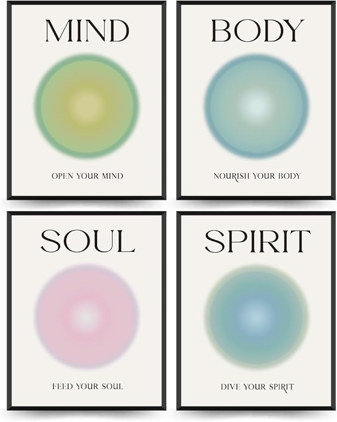 PLKMN Mind Body Soul Spirit Wall Art Prints,Energy Spiritual Positive Aura Posters For Room Aesthetic, Colorful Aura Poster Energy Wall Art for Bedroom Yoga 8x10 Inch Set of 4 Unframed