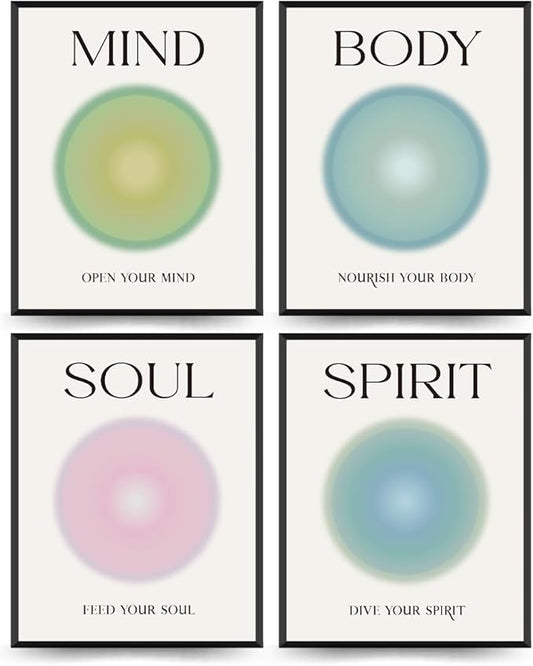 PLKMN Mind Body Soul Spirit Wall Art Prints,Energy Spiritual Positive Aura Posters For Room Aesthetic, Colorful Aura Poster Energy Wall Art for Bedroom Yoga 8x10 Inch Set of 4 Unframed