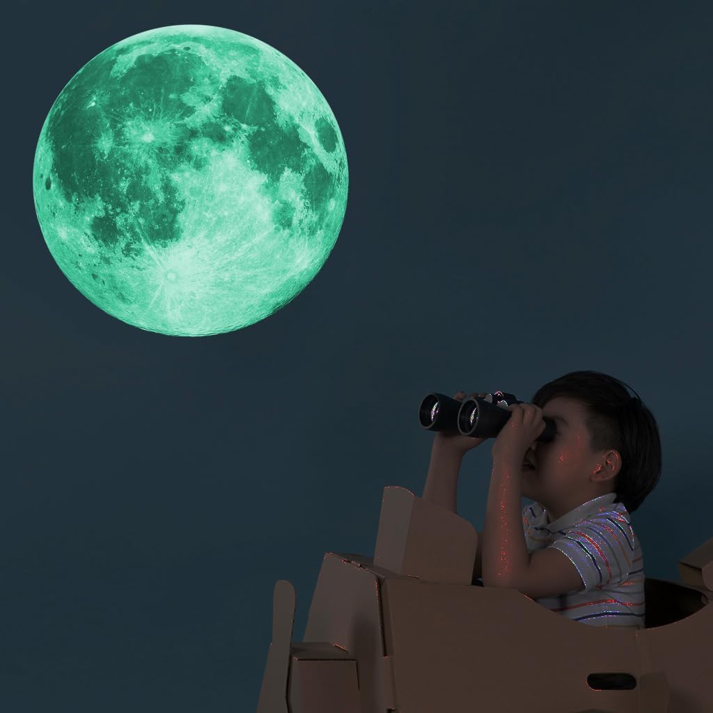 Quanhaigou Glow in The Dark Wall or Ceiling Moon Stickers – Green Luminous Big Moon Wall Stickers DIY Decor for Kid Room