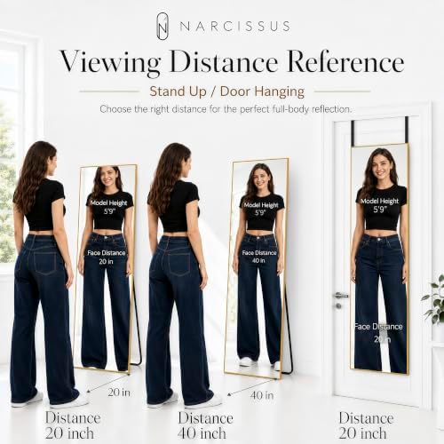 NARCISSUS Full Length Mirror 57x20 Inch, Over The Door Mirror with Stand, Wall Mounted or Freestanding/Door Hanging Full Body, Aluminum Alloy Frame, Gold