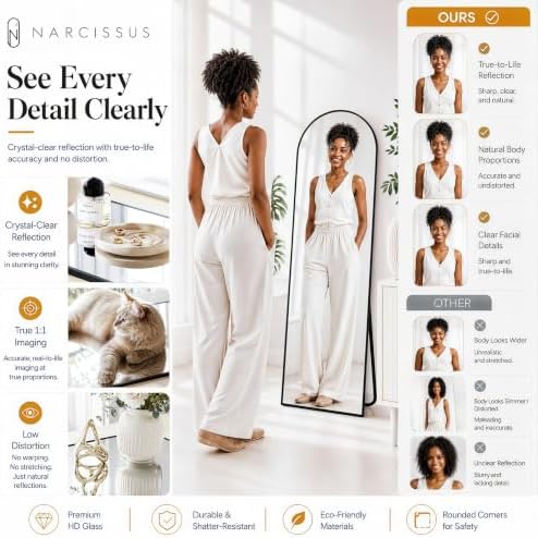 NARCISSUS Full Length Mirror 57x20 Inch, Over The Door Mirror with Stand, Wall Mounted or Freestanding/Door Hanging Full Body, Aluminum Alloy Frame, Black
