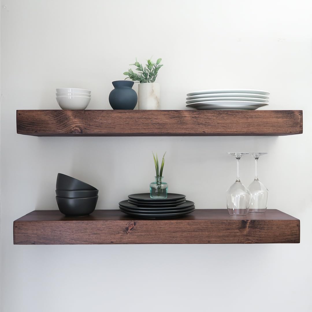 Modern Floating Shelves 3 Inches Thick for Wall, Wide Shelves for Kitchen, Living Room, Bedroom, and Bathroom, Natural Pine Wood, Rustic Wooden Shelf, (Set of 2) (Provincial, 48Lx3Hx6D)