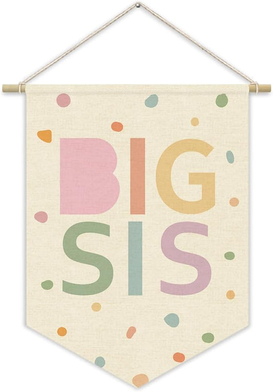 Big Sister Canvas Banner Pink Girl Nursery Decor,Sisters Bedroom Playroom Wall Art Decorations,Boho Twin Room Sign,Big Sis Lil Sis,Two Baby Kids Room Sibling Wall Hanging Pennant Flag Banner