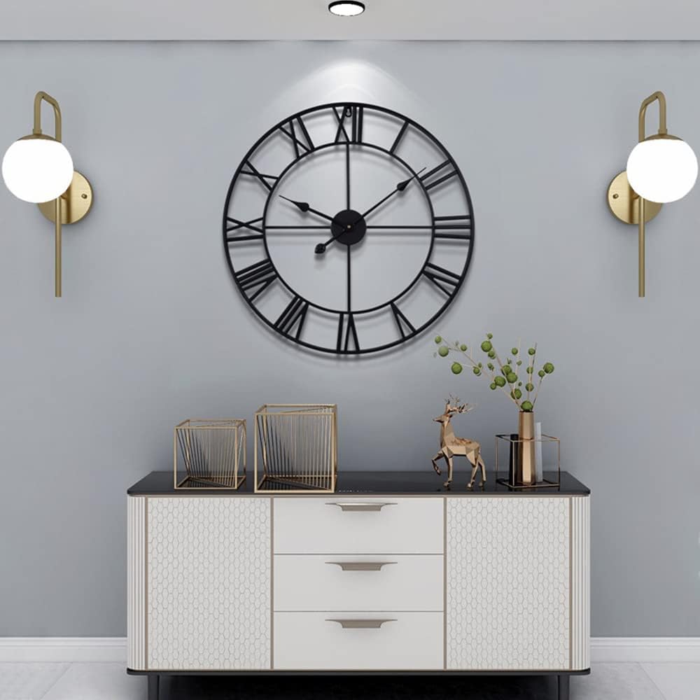 LEIKE Large Wall Clock, 24" Completely Silent, Non Ticking, Battery-Operated,Rustic Round Modern Metal Wall Clock Decor for Living Room, Bedroom and Kitchen, (60cm, Black-Roman Number)