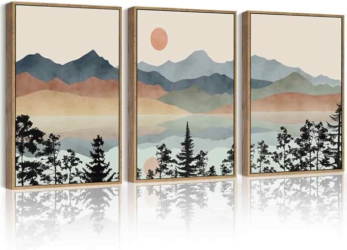Drsoum Mountain Range Landscape Wall Art Framed Ink Wash Watercolor Nature Wall Decor Laker Sun Rises Prints Bedroom Living Room Ready to Hang 11x14in Natural Framed