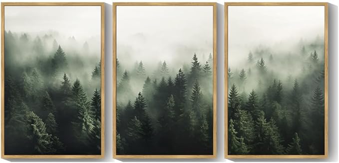 SHENIFY Green Fog Pine Tree Forest Canvas Wall Art Large 24x36in Framed Modern Artwork Prints Decor - Natural Framed