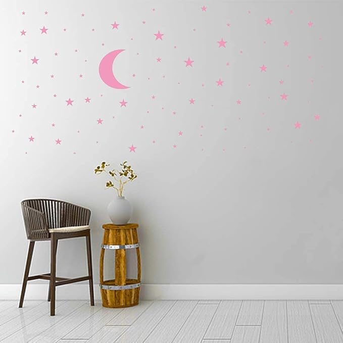 Moon and Stars Wall Decal Vinyl Sticker, Removable Children Kids Art DIY Sticker Mural for Boy Girls Baby Room Decoration Good Night Nursery Wall Decor Home House Bedroom Design (Pink)
