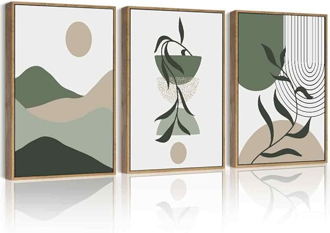 Drsoum Green Botanical Boho Wall Art Framed Modern Sage Bohemian Plant Wall Decor Abstract Geometry Lines Artwork Hallway Bedroom Prints Ready to Hang 11x14in Natural Framed