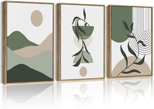 Drsoum Green Botanical Boho Wall Art Framed Modern Sage Bohemian Plant Wall Decor Abstract Geometry Lines Artwork Hallway Bedroom Prints Ready to Hang 11x14in Natural Framed