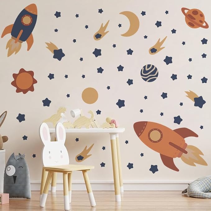 Outer Space Wall Decals, Peel and Stick Rockets Stars Planet Wall Stickers, Space Themed Wall Decor for Baby Nursery Kids Bedroom Boys Playroom Decoration