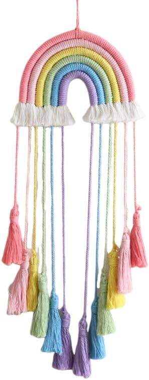 Rainbow Macrame Wall Hanging - Hand-Woven Cotton Tassel Tapestry Decor for Baby Room, Nursery, and Home Decor (Pink Rainbow)