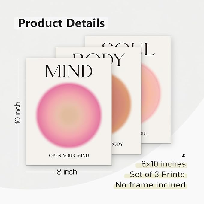 PLKMN Aura Poster Set of 3 - Mind Body Soul Wall Art Prints, Energy Spiritual Positive Aura Posters for Room Aesthetic, Colorful Aura Wall Art for Bedroom Yoga, Aura Decor 8x10 Inch (Unframed)