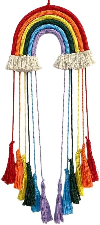 Rainbow Macrame Wall Hanging - Hand-Woven Cotton Tassel Tapestry Decor for Baby Room, Nursery, and Home Decor (Red Rainbow)
