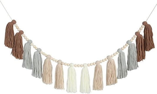 DrCor Neutral Boho Tassel Garland – Handmade Cream, Brown & Gray Yarn Banner for Nursery, Baby Shower, Birthday Party, Rustic Farmhouse Wall Hanging & Warm Cozy Home Decor