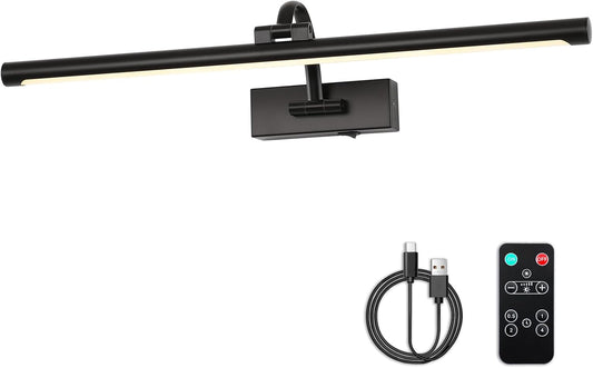 Dimmable Black Picture Lights with Remote and Timer Wireless Art Lights Rechargeable Gallery Lighting for Canvas Portrait 24'' Inch 5W Warm White