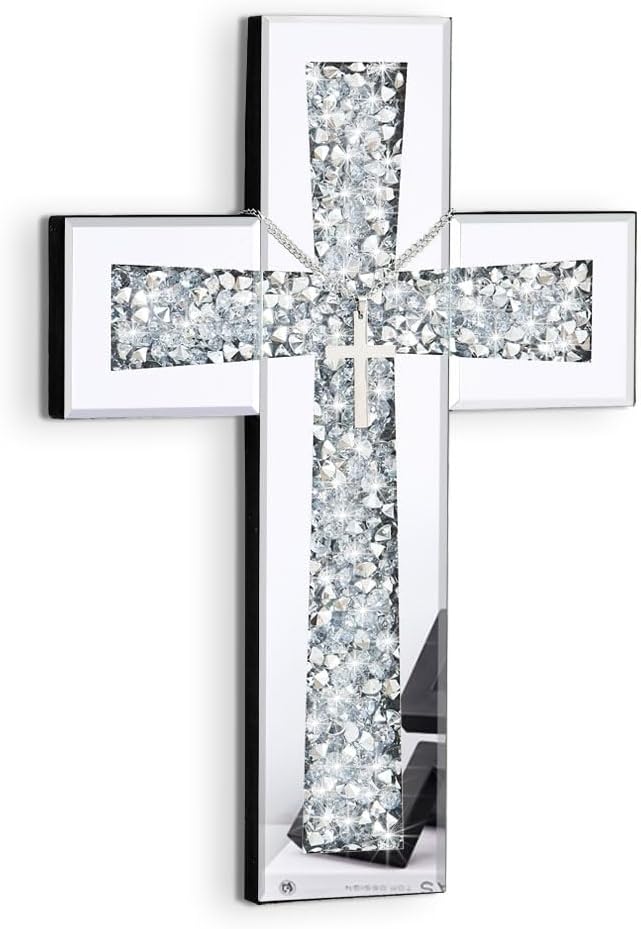 Cross Wall Decor, Silver Mirrored Cross for Living Room, Crystal Crush Diamond Mirror Crosses, Religious Wall Art, Home Decor