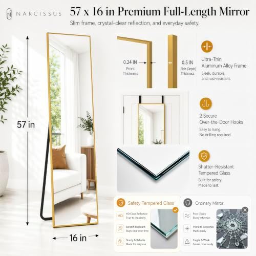 NARCISSUS Full Length Mirror 57x16 Inch, Over The Door Mirror with Stand, Wall Mounted or Freestanding/Door Hanging Full Body, Aluminum Alloy Frame, Gold