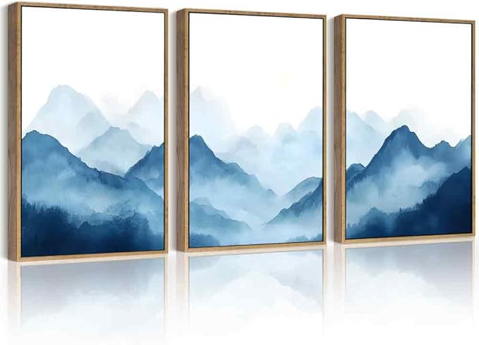 Drsoum Blue Fog Mountains Landscape Wall Art Framed Vintage Nature Misty Nordic Prints Ink Wash Watercolor Boho Farmhouse Rustic Artwork Hallway Bedroom Ready to Hang 11x14in Natural Framed
