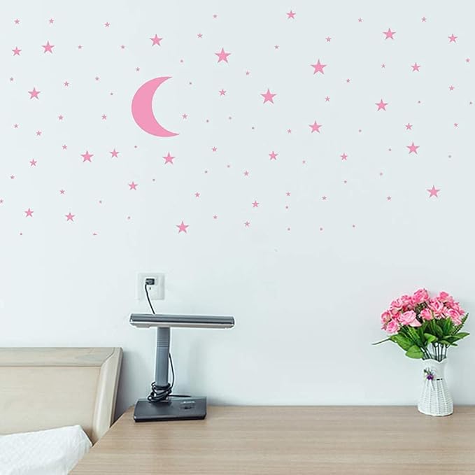 Moon and Stars Wall Decal Vinyl Sticker, Removable Children Kids Art DIY Sticker Mural for Boy Girls Baby Room Decoration Good Night Nursery Wall Decor Home House Bedroom Design (Pink)