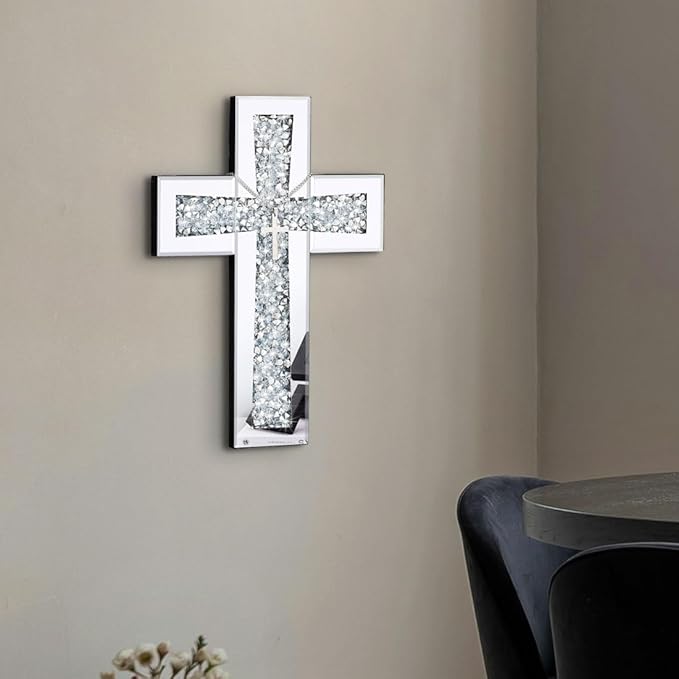 Cross Wall Decor, Silver Mirrored Cross for Living Room, Crystal Crush Diamond Mirror Crosses, Religious Wall Art, Home Decor