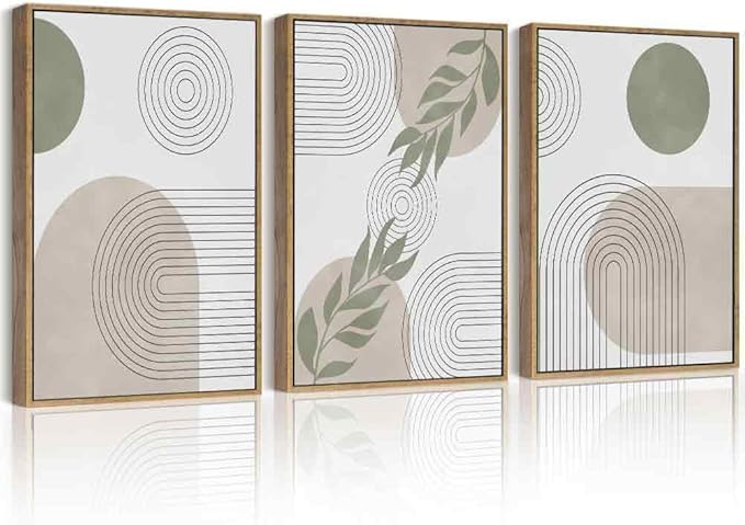 Drsoum Green Botanical Boho Wall Art Framed Modern Bohemian Sage Wall Decor Abstract Geometry Lines Prints Ready to Hang 11x14in Natural Framed