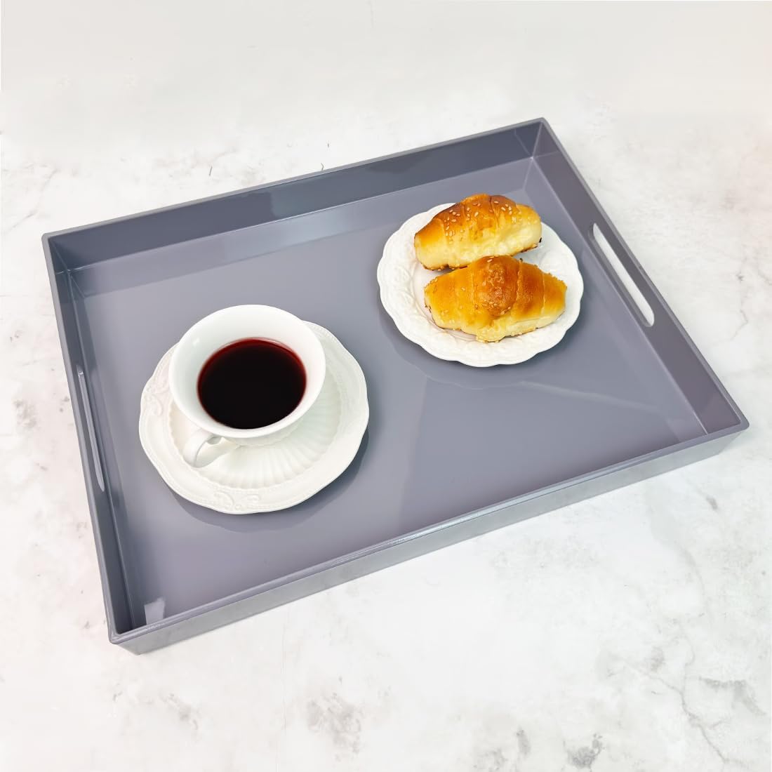 Grey Decorative Tray, Rectangular Large Serving Tray with Handles, Plastic Coffee Table Tray for Ottoman, Living Room, Kitchen Tabletop, 15.7” x 11.8” x1.6”