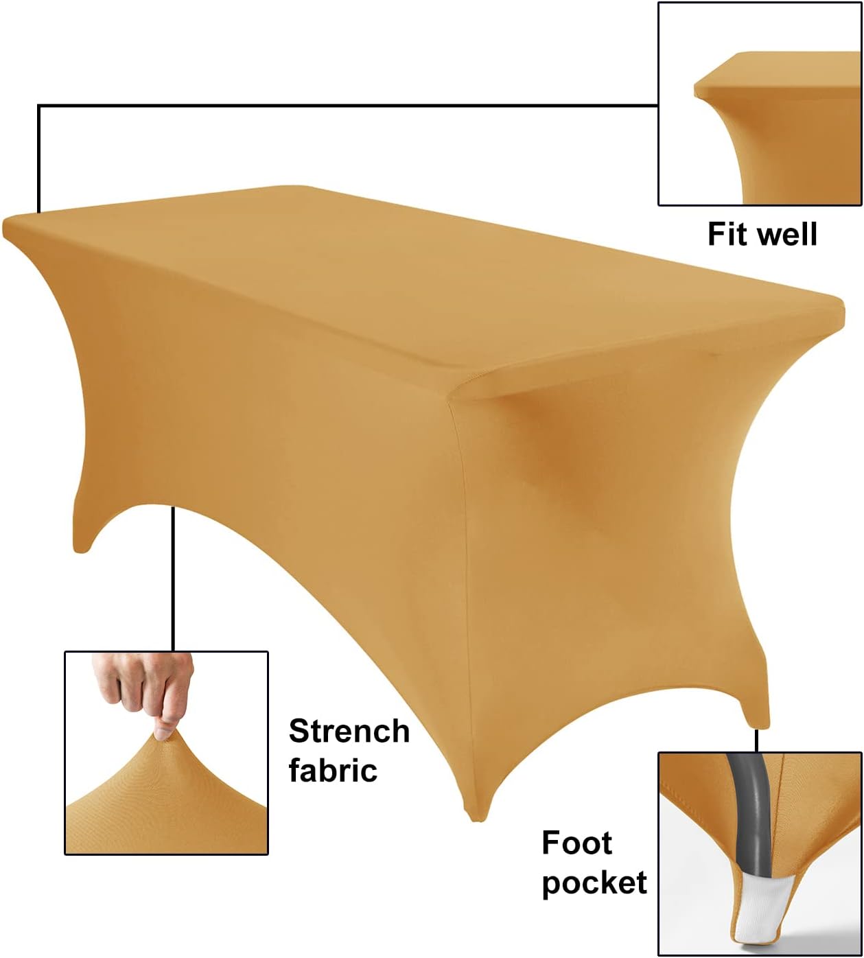 2Pack Spandex Waterproof Table Covers 6ft，Spandex 6ft Waterproof Table Cover for Party,Wedding, Banquet, and Events(Gold)