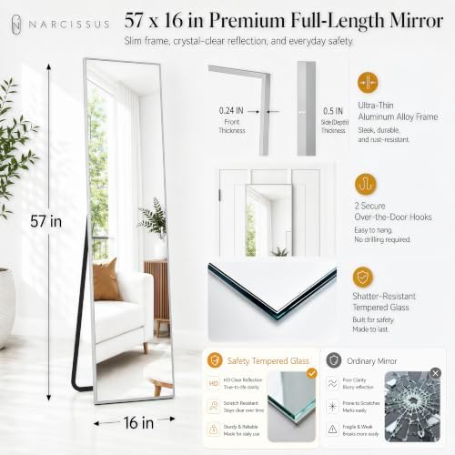 NARCISSUS Full Length Mirror 57x16 Inch, Over The Door Mirror with Stand, Wall Mounted or Freestanding/Door Hanging Full Body, Aluminum Alloy Frame, Silver