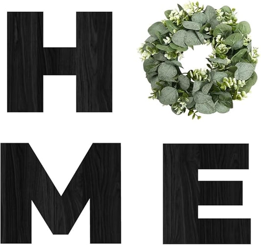 Pinkpum Wood Home Sign with Artificial Eucalyptus Wreath for O, Hanging Farmhouse Wall House Decor Wood Letters for Wall Art Rustic Home Decor, Wall Decor for Living Room Kitchen Entryway (Black)