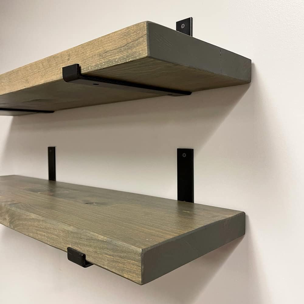 Rustic Shelves with J-Brackets Set of 2, Industrial Shelf, Kitchen Shelves, Solid Wood, Decorative Wall Storage, Heavy Duty, URBANDI (Grey, 36Wx12D)