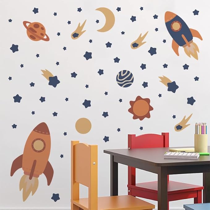 Outer Space Wall Decals, Peel and Stick Rockets Stars Planet Wall Stickers, Space Themed Wall Decor for Baby Nursery Kids Bedroom Boys Playroom Decoration