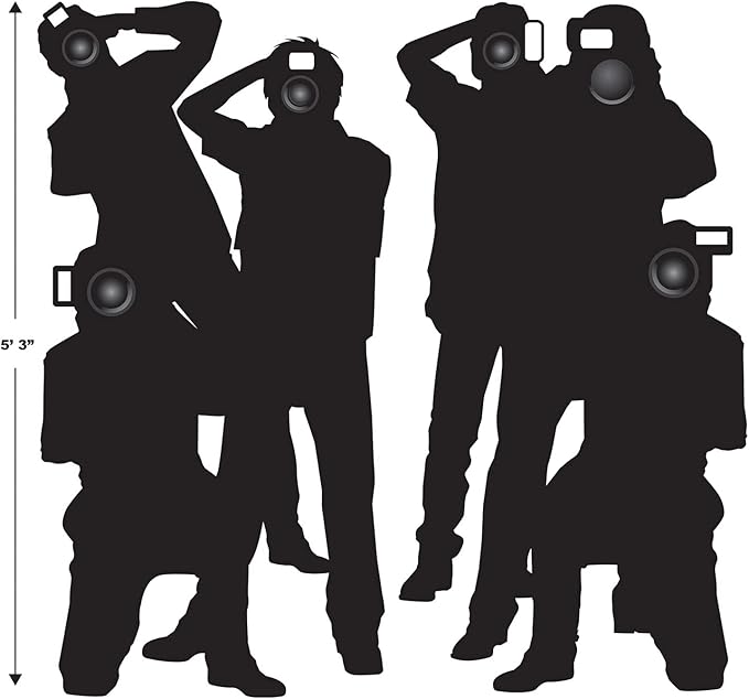 Beistle Paparazzi Cutouts – 4-Count Thin Printed Clear Plastic Hollywood Photographer Wall Backdrop Decorations for Awards Night Parties Celebrity Photo Props and VIP Event Décor, 5'3"