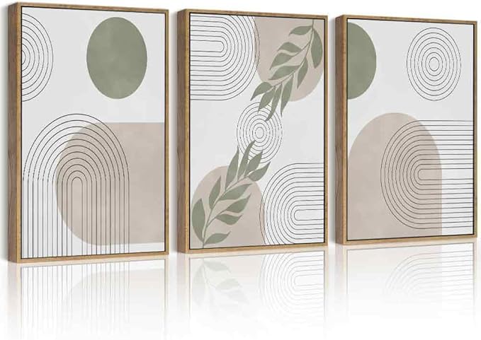 Drsoum Green Bohemian Wall Art Framed Boho Plant Sage Wall Decor Abstract Geometry Artwork Bedroom Home Office Living Room Prints Ready to Hang 11x14in Natural Framed