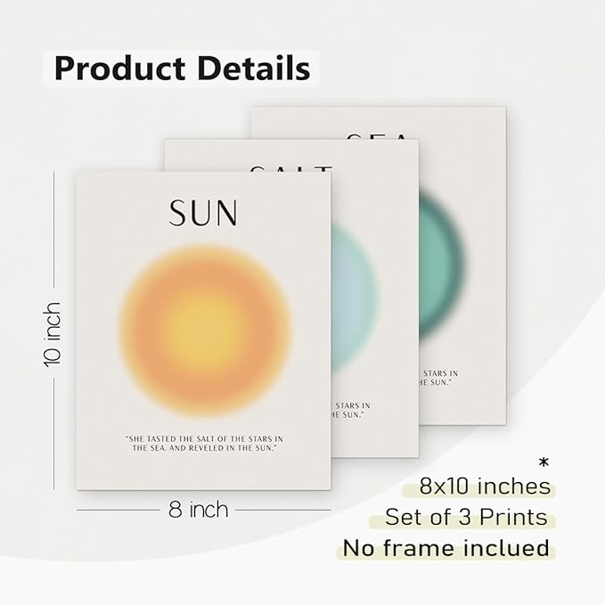 PLKMN Aura Poster Set of 3, Sun Salt Sea Posters, Coastal Room Decor, Beach Energy Aura Posters for Room Aesthetic, Colorful Aura Wall Art for Bedroom Yoga, 8x10 Inch (Unframed)
