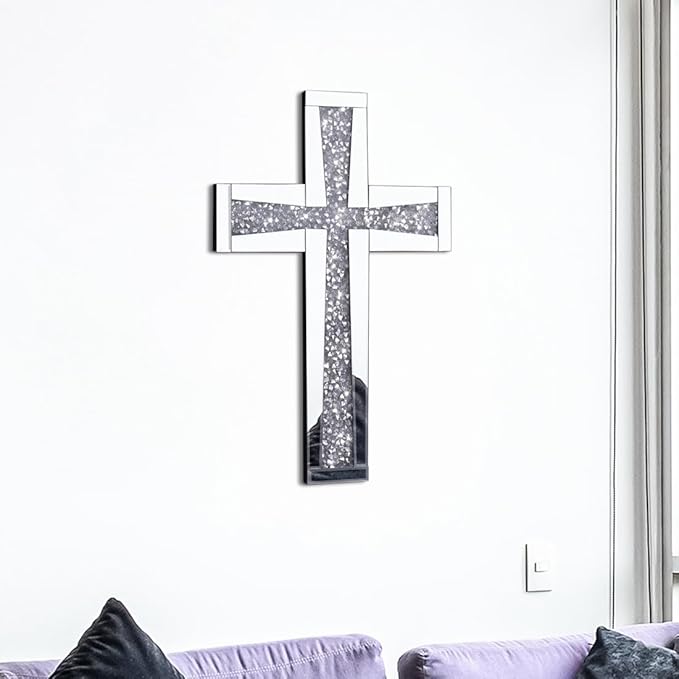 Aeveco Silver Cross Mirror for Wall Decoration 20×13 Inch, Crystal Crush Diamond Mirrored Cross for Living Room, Bedroom, Home Décor