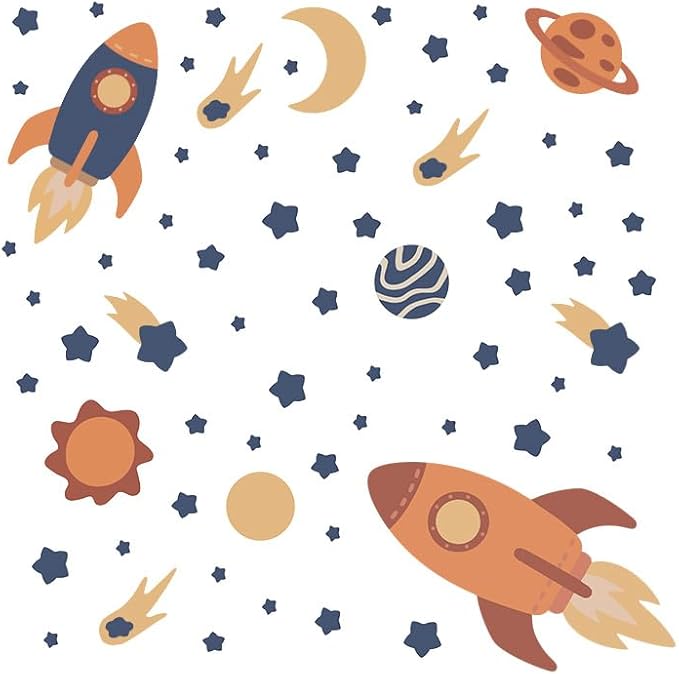 Outer Space Wall Decals, Peel and Stick Rockets Stars Planet Wall Stickers, Space Themed Wall Decor for Baby Nursery Kids Bedroom Boys Playroom Decoration