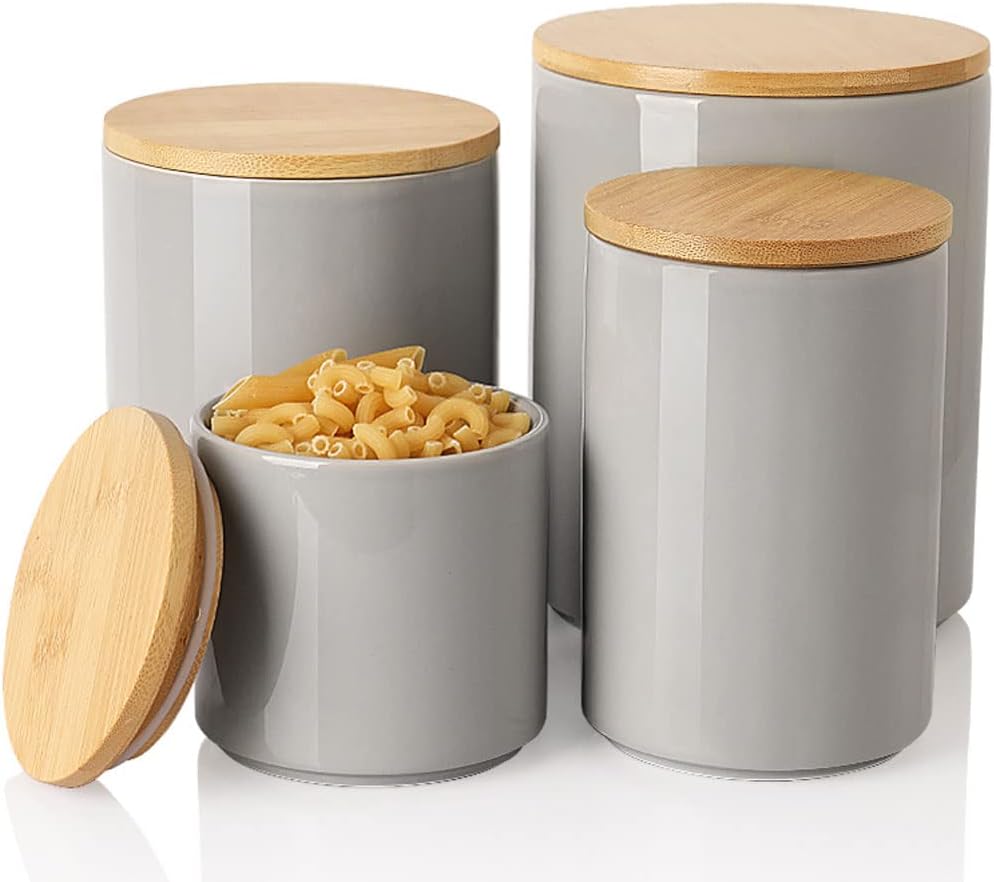 Sweejar Ceramic Kitchen Canister Sets, Porcelain Container for Countertop, Heavy Food Storage Jars with Airthight Seal Bamboo Lid, Servering for Sugar, Coffee Beans, Tea Leaves, Pack of 4（Gray）