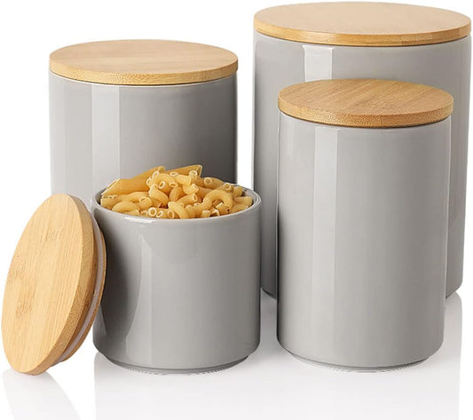 Sweejar Ceramic Kitchen Canister Sets, Porcelain Container for Countertop, Heavy Food Storage Jars with Airthight Seal Bamboo Lid, Servering for Sugar, Coffee Beans, Tea Leaves, Pack of 4（Gray）