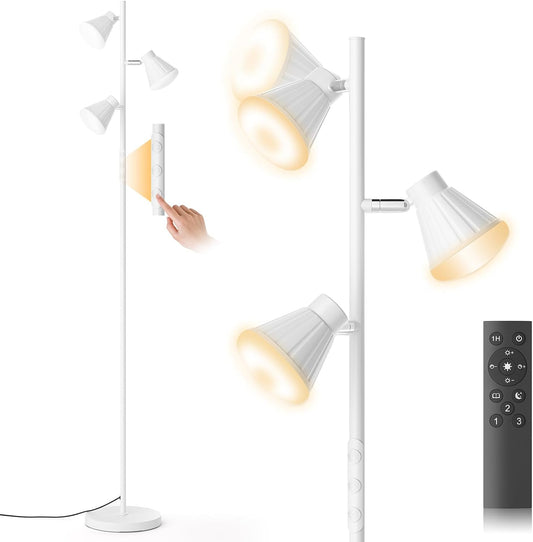 36W LED Tree Floor Lamp, Dimmable Tall Standing Lamp with Remote & Touch Control, 4 Color Temperatures Bright Floor Lamp, 3 Rotatable Light Modern Floor Lamps (White)